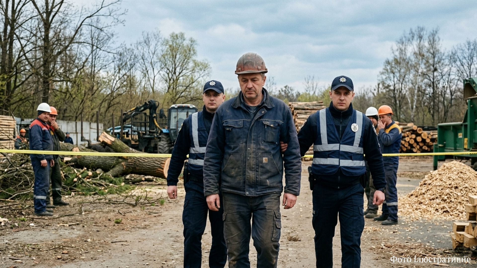 Фотографія двоє поліцейських у формі та світловідбиваючих жилетах супроводжують керівника виробництва